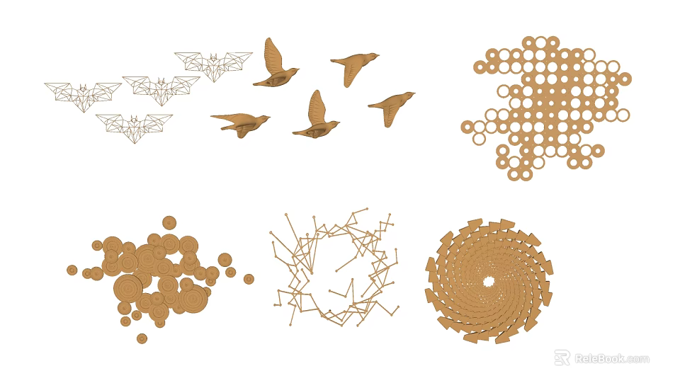 Creative Wall Decor With Flying Birds Geometric Patterns And Circular Elements 3d model