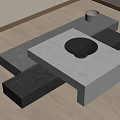 Modern Geometric Coffee Table With Gray White Modules Metal Bowl And Light Wooden Floor