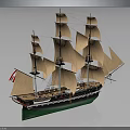 Vintage Sailing Ship Model with Multiple Masts Brown Sails and Green Hull 3d model