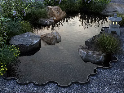 Tranquil Water Fountain with Natural Rocks Green Plants and Stone Lantern 3d model