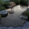 Tranquil Water Fountain with Natural Rocks Green Plants and Stone Lantern