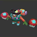 Colorful Game Character With Red Mushroom Appendages Blue Body Green Gloves And Side Mushroom Objects