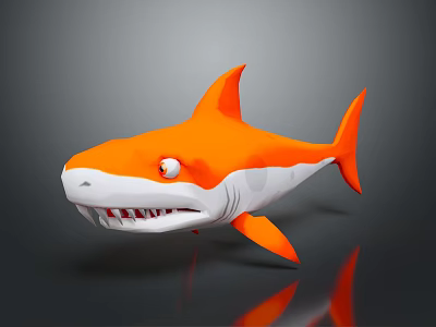 Orange Shark 3D Model With White Underbelly Sharp Teeth Round Eyes And Gray Background Reflection 3d model