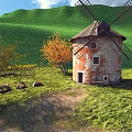 Green Rolling Hills Landscape With Old Windmill Orange Green Trees Sheep Grazing And Yellow Flowers