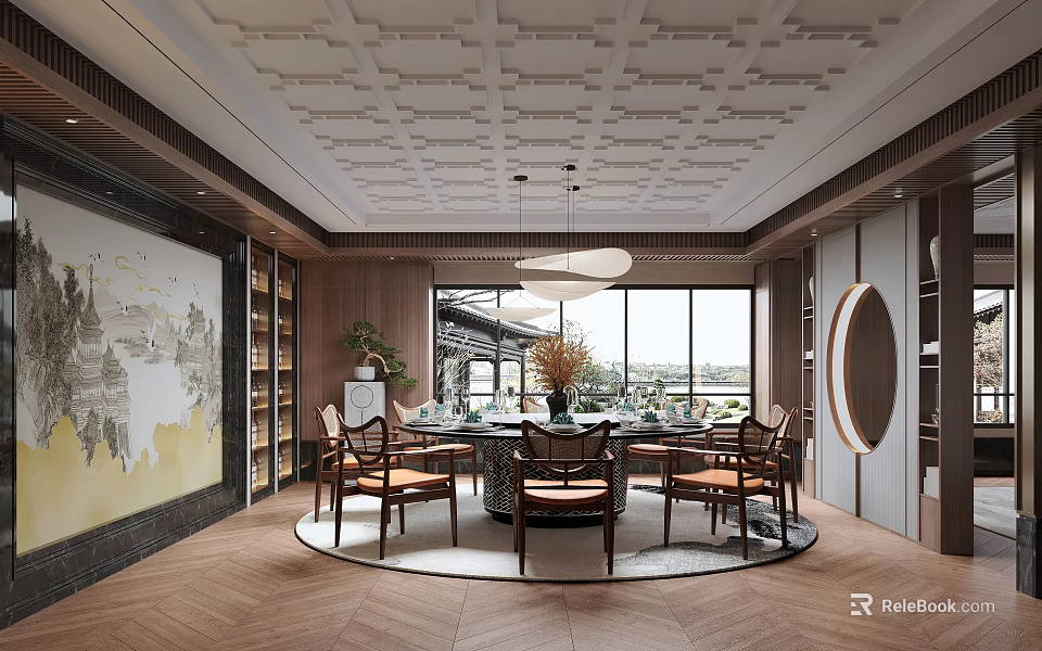 Elegant Traditional Chinese Private Dining Room With Round Table Wooden Chairs And Decorative Art 3d model 