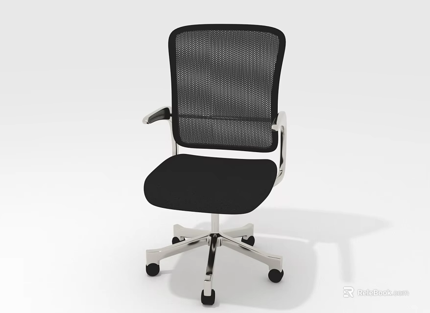Modern Office Chair Featuring Black Mesh Backrest Black Seat Silver Armrests And Wheeled Base 3d model 
