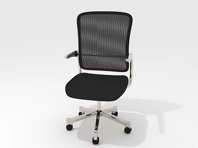 Modern Office Chair Featuring Black Mesh Backrest Black Seat Silver Armrests And Wheeled Base 3d model