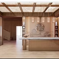 Reception Desk In Modern Chinese Style With Wooden Interior Circular Decor And Pendant Lights