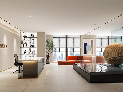 Modern Office Reception Desk With Sofa Plant And Large Windows Design Elements 3d model