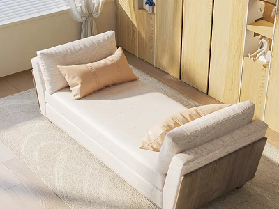 Bright Beige Sofa Bench With Light Brown Pillows On Soft Rug Near Wooden Cabinets 3d model