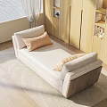 Bright Beige Sofa Bench With Light Brown Pillows On Soft Rug Near Wooden Cabinets