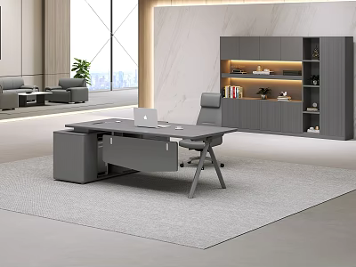 Modern Public Office Area Featuring Desk Laptop Chair Grey Storage Cabinet And City View 3d model