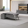 Modern Public Office Area Featuring Desk Laptop Chair Grey Storage Cabinet And City View
