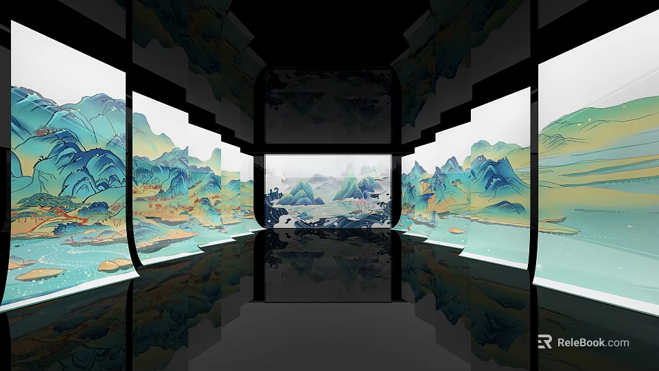 Spacious Modern Interior With Mountain Landscape Decorative Panels And Reflective Floor 3d model