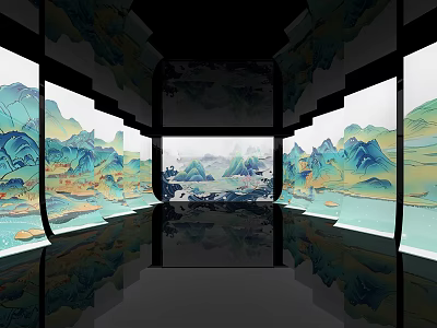 Spacious Modern Interior With Mountain Landscape Decorative Panels And Reflective Floor 3d model