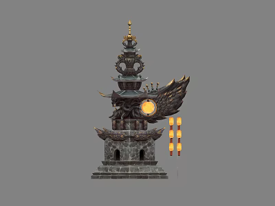 Traditional Multi tiered Pagoda Structure With Ornate Top Wing like Elements And Stone Base 3d model