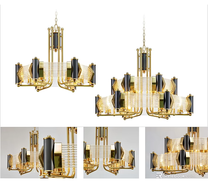 Elegant Modern Chandelier Design With Gold Frame And Black Decorative Elements 3d model