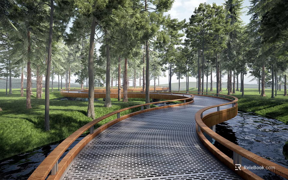 Scenic Winding Forest Road Facilities With Metal Grid Surface Wooden Railings And Water Area 3d model 