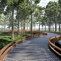 Scenic Winding Forest Road Facilities With Metal Grid Surface Wooden Railings And Water Area
