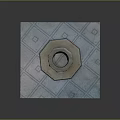 Stone Carved Circular Pedestal On Blue Square Mat With Geometric Pattern And Decorative Carvings