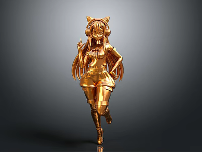 Golden Anime Girl 3D Model With Cat Ears And Running Pose Design 3d model