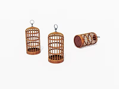 Three Bamboo Birdcages Displayed In Various Positions With Intricate Design Details 3d model