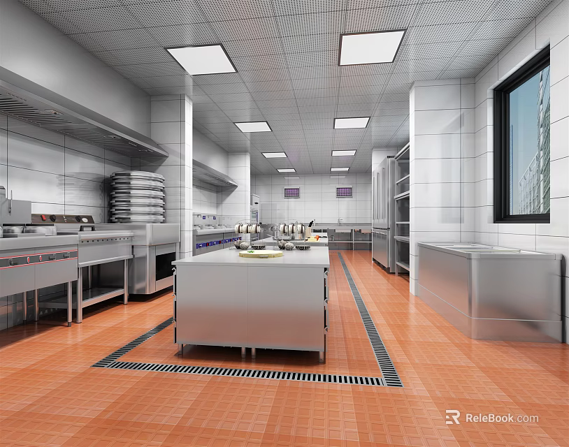 Modern Commercial Kitchen Interior With Stainless Steel Worktables Storage Cabinets And Tile Flooring 3d model 