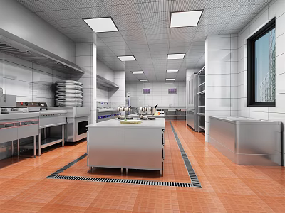 Modern Commercial Kitchen Interior With Stainless Steel Worktables Storage Cabinets And Tile Flooring 3d model
