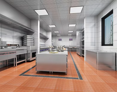 Modern Commercial Kitchen Interior With Stainless Steel Worktables Storage Cabinets And Tile Flooring 3d model