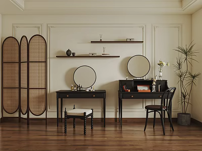 Elegant Dressing Tables Interior With Round Mirrors Stool Screen And Potted Plant 3d model