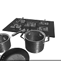 Black Kitchen Cookware Set Featuring Gas Stove Burners Lidded Pots And Frying Pan