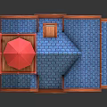 Cartoon Scene Featuring Charming Multi Story Wooden House With Red Lighthouse And Blue Roof