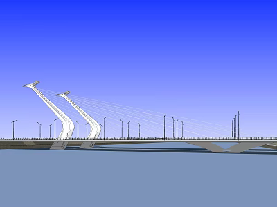 Modern White Cable Stayed Bridge Design Over Water With Blue Sky 3d model