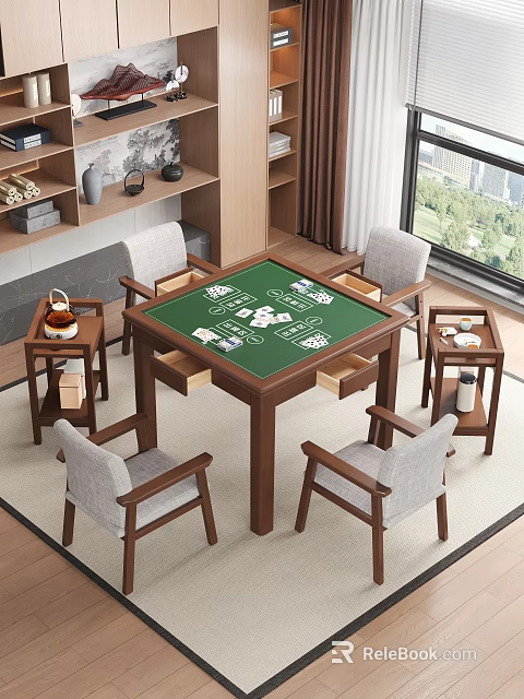 Wooden Entertainment Table With Green Surface Playing Cards Chips Four Chairs And Side Tables 3d model 