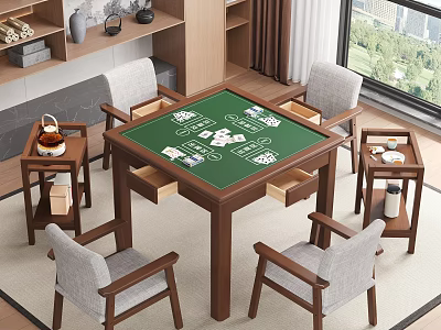 Wooden Entertainment Table With Green Surface Playing Cards Chips Four Chairs And Side Tables 3d model