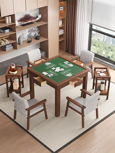 Wooden Entertainment Table With Green Surface Playing Cards Chips Four Chairs And Side Tables 3d model
