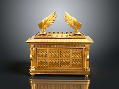 Golden Ornate Chest With Wing Decorations And Intricate Carved Patterns On Reflective Base 3d model