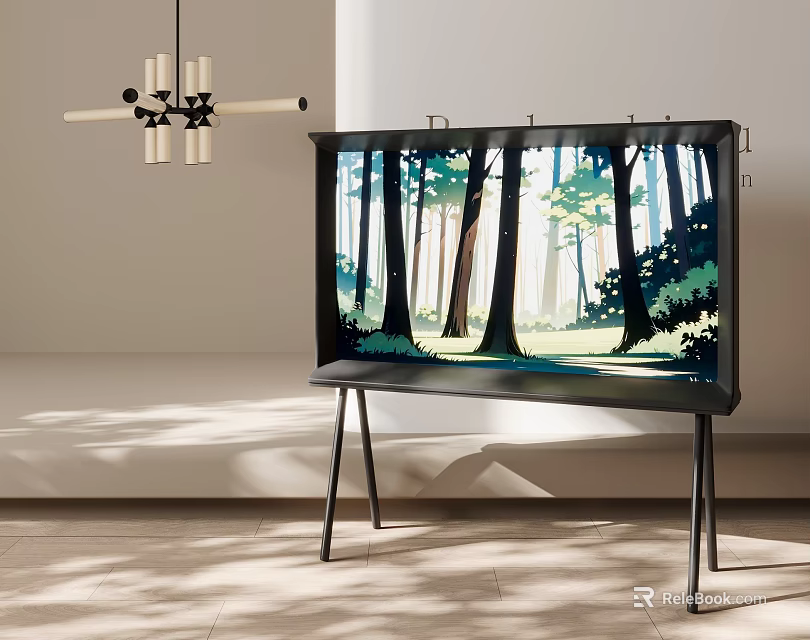 Sleek TV Displaying Vivid Forest Scene in Minimalist Interior with Simple Stand 3d model 