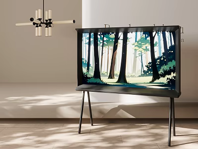 Sleek TV Displaying Vivid Forest Scene in Minimalist Interior with Simple Stand 3d model