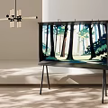 Sleek TV Displaying Vivid Forest Scene in Minimalist Interior with Simple Stand