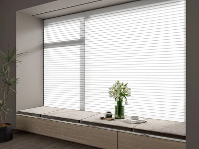 Cozy Bay Window Seating Area With White Blinds Green Plant And Wooden Bench 3d model