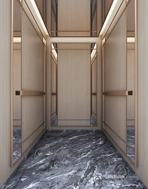 Modern Elevator Interior With Wooden Paneling And Marble Floor Design 3d model 
