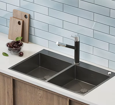 Stainless Steel Double Bowl Kitchen Sink With Black Faucet Wooden Cutting Board Cherries Blue Tile 3d model