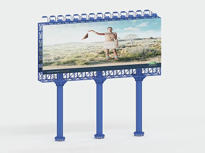 Outdoor Billboard With Person Holding Brown Object Green Grass Blue Sky And Blue Support Frame 3d model