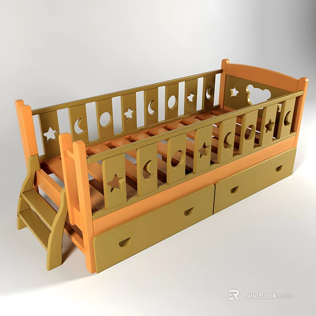 Wooden Kids Single Bed With Moon Star Patterns Ladder And Drawers 3d model 