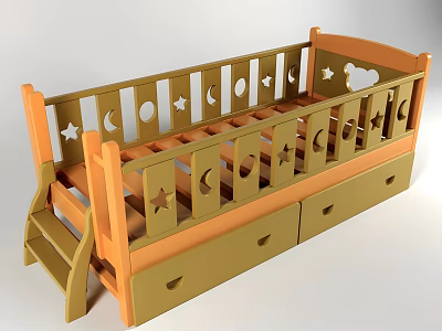 Wooden Kids Single Bed With Moon Star Patterns Ladder And Drawers 3d model