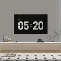 Minimalist Beige TV Stand In Living Room With TV Decorations Plant And Striped Wall