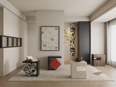 Modern Minimalist Room With Red White And Patterned Stools On Neutral Rug And Wall Art 3d model