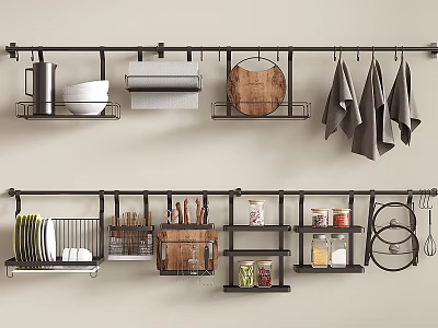 Wall Mounted Kitchenware Storage Rack with Cutting Board Plates Knives Spices and Utensils 3d model