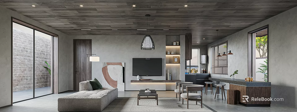Modern Living and Dining Area Interior With Wooden Ceiling TV Wall Sofa And Dining Chairs 3d model 